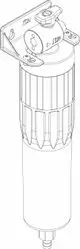 SYR POU max 7315 Kompaktfilter ohne Auslaufhahn mit montierter Halterung. Sichtbare Drehmechanik oben, zylindrischer Behälter mit seitlichem Anschluss.